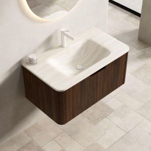 Meuble lavabo suspendu 80 cm avec vasque int&eacute;gr&eacute;e en pierre fritt&eacute;e effet travertin Roma, meuble de salle de bain avec tiroir et finition noyer,