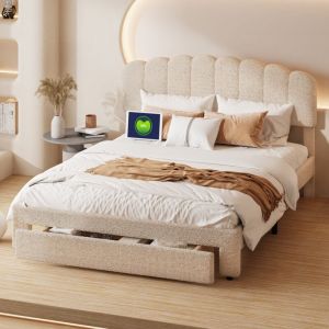 Lit adulte capitonné 160x200cm, Lit double avec tiroir,Lit Rembourré avec usb-a/c fonction de charge,sommier à lattes en bois, lit adulte scandinave