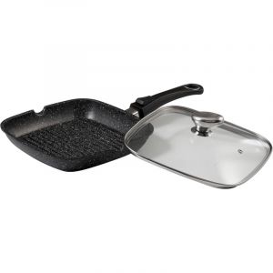 Pradel Excellence - Po&ecirc;le Grill 24 x 24 cm - Fonte d'Aluminium Fa&ccedil;on Pierre - Rev&ecirc;tement Anti-Adh&eacute;sif - Manche Amovible - Couvercle Verre - Tous Feux