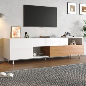 Meuble TV Blanc brillant et Bois 180x38x50cm,Meuble bas avec 1 Tiroir + 6 Compartiments de rangement,2 Portes,Style naturel