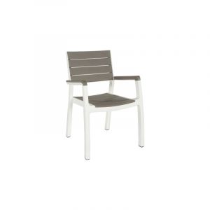 Fauteuil Harmony en re'sine antichoc et lattes effet bois blanc / gris tourterelle 58x58x86 cm pour jardin exte'rieur