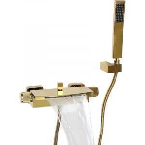 Robinet de baignoire mural Cascade Robinet de baignoire Tout cuivre Mur Cascade Douche Robinet de baignoire chaud et froid Robinet de baignoire Or b