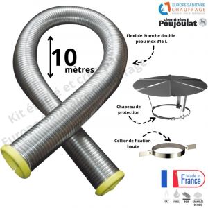 Poujoulat - Kit tubage flexible double peau inox diam&egrave;tre 80 + collier de fixation haute + chapeau Longueur du conduit 10 m&egrave;tres