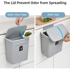 Poubelle murale &agrave; couvercle coulissant Large 29.5&times;16&times;26cm Cuisine Salle de bain Plastique Gris