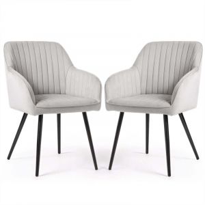 Lot de 2 Chaises en velours &agrave; surpiq&ucirc;res FLORENCE Gris pieds noirs