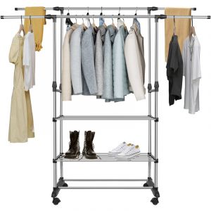 Portemanteau Sur Roulettes avec 2 tringles &agrave; v&ecirc;tements-Porte Manteau R&eacute;glable En Hauteur Et Extensible Lat&eacute;ralement-avec Chaussures Penderie