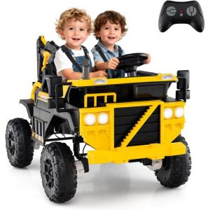 COSTWAY 24V Voiture Excavatrice &Eacute;lectrique Enfant avec T&eacute;l&eacute;commande & Pelle, Camion &Eacute;lectrique 2 Places avec Musique & Lumi&egrave;res & Klaxon, 2,6-5km/h,