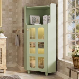 Meuble d&lsquo;angle, Rangement d&lsquo;angle avec LED - Contr&ocirc;le application, 2 niveaux, finition laqu&eacute;e, colonne de salle de bain - 63,5x124 cm - Vert