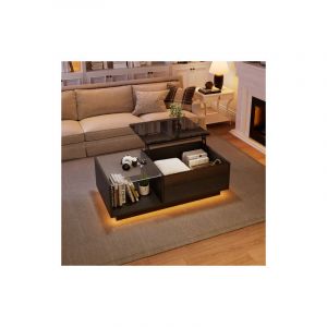 Okwish - Table basse relevable noire brillante, table de salon avec rangement et étagères, 50x100x(33-46,5) cm