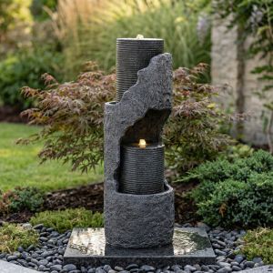 Fontaine de Jardin avec &Eacute;clairage LED &ndash; Rev&ecirc;tement Pierre Artificielle, Pompe &agrave; Eau, Jeu d&rsquo;Eau pour Ext&eacute;rieur et Int&eacute;rieur &ndash; Gris, C