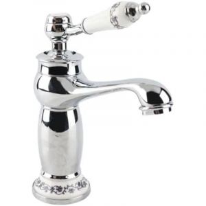 Mitigeur R&eacute;tro de Lavabo en Laiton - Robinet Vintage &agrave; Long Cou Bleu Et Blanc en Porcelaine - Pour &Eacute;vier, Cuisine, Salle de Bain - Eau Froide/Chaude