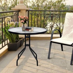 Table de Jardin Ronde en Verre Tremp&eacute; 70 CM Table Basse de Patio avec Cadre en M&eacute;tal Robuste et Trou pour Parasol Table &agrave; Manger Noir
