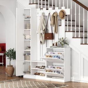 Meuble d'entrée 135x25x180 cm avec miroir, ensemble vestiaire compact avec armoire murale, meuble à chaussures 2 abattants et 2 armoires de