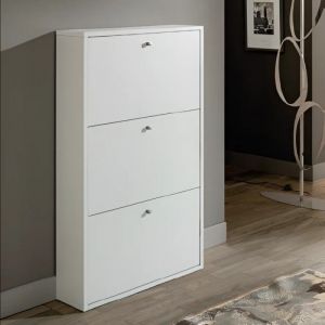 Meuble à chaussures gain de place avec 3 portes battantes en blanc mat 68x110H cm - Virginia