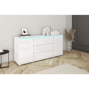Bratex - Commode vera 150 cm, commode, bahut, &eacute;clairage led inclus, couleur blanc/blanc brillant