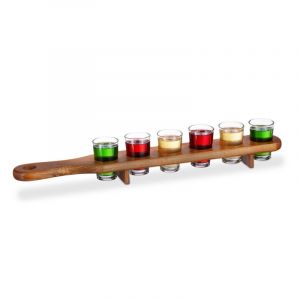 Planche à shots en bois, 6 verres, plaque pratique, demi mètre, superbe idée cadeau, plateau, marron - Relaxdays