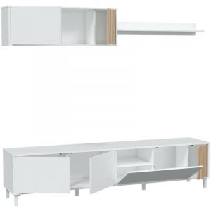 Dmora - Meuble tv Dolze, Meuble de salon avec portes, Meuble suspendu avec étagère, Buffet polyvalent, 200x40h47 cm, Blanc et Chêne