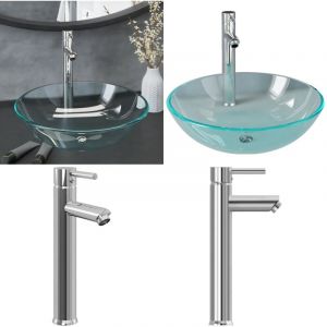 Vidaxl - Lavabo de bain avec robinet et drain à poussoir Verre trempé - Lave-mains - Lavabo Design - Lavabo Rond - Lavabo Verre Trempé - Robinet