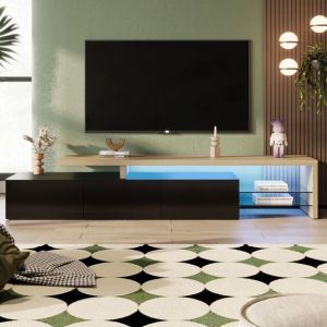 Meuble TV 200 cm, avec lumi&egrave;re LED variable, avec 3 portes et 2 &eacute;tag&egrave;res ouvertes en verre, aspect bois meuble tele, adapt&eacute; pour TV 90",200x39x42 cm