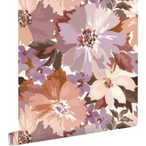 Estahome - papier peint fleurs mauve violet et terracotta