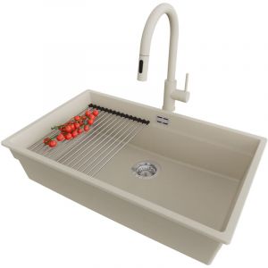 PRIMAGRAN Evier Cuisine en Granit 76x47cm, Lavabo 1 bac + Robinet 40x20cm + Kit de Vidage + Accessoire, &Eacute;vier &agrave; Encastrer au meuble 80cm - Prague