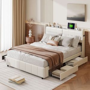 Fortuna Lai - Lit double 160x200 cm - lit adulte avec 4 tiroirs, sommier à lattes et tête de lit avec étagères et port usb - en cuir pu Blanc
