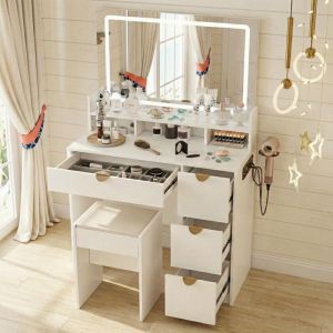 Coiffeuse avec Miroir LED et Chaise &ndash; 4 Tiroirs, Grande Rangement, Design Moderne &ndash; 90x40x140 cm, Blanc