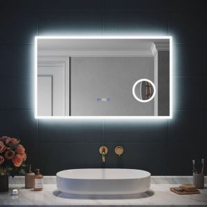 Sirhona - 3x loupe Miroir led Salle de Bain avec éclairage, Miroir avec Horloge Numérique, Miroir Lumineux Salle de Bain Anti-Buée, 100x60cm