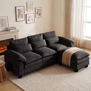 Canap&eacute; d'angle convertible 226x76x88cm,coussins doubles, canap&eacute; en L avec pouf r&eacute;versible, canap&eacute; en velours Teddy 3 places Noir