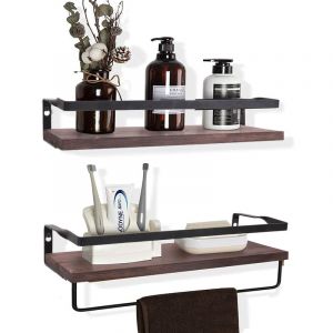 2 x Étagère Murale - Étagère Flottante en Bois avec Porte Serviette de 36.5cm - Étagère Rangement Murale pour Cuisine Chambre Salon Salle de Bain