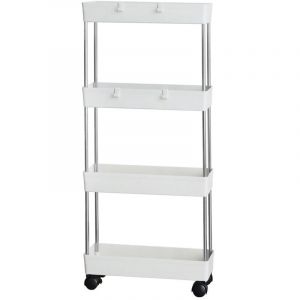 &Eacute;tag&egrave;re de salle de bain &agrave; roulettes, &eacute;tag&egrave;re de cuisine &agrave; 4 niveaux, support &agrave; roulettes, blanc (5802)