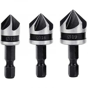 Ccykxa - 3PCS Fraises à Chanfreiner 90 Degrés 5 Flûte Fraise Conique à Noyer 12mm/16mm/19mm Fraise Bois 1/4' Hex Foret Fraisage Bois en Acier au