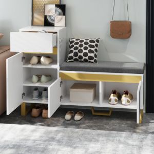 Meuble &agrave; chaussures avec banc rembourr&eacute; et tiroir, meuble entr&eacute;e 120x35x85 cm, accents dor&eacute;s, MDF blanc laqu&eacute;