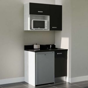 Kitchenette K00L - 100 cm - plan monobloc &eacute;vier int&eacute;gr&eacute; Nero- &eacute;vier &agrave; droite - Fa&ccedil;ades Noir + Electrom&eacute;nager inclus coloris Inox
