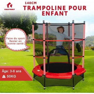 Costway - Trampoline de Jardin Enfant 140cm de Diam&egrave;tre avec Filet de S&eacute;curit&eacute; Rouge Trampoline Juv&eacute;nile Charge Max. 50KG pour 3-6Ans