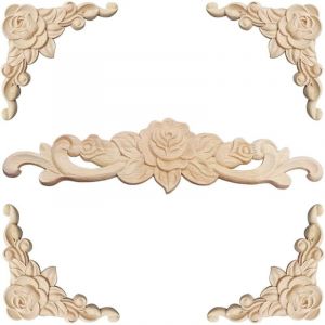 Moulure Decorative Bois 5 Pièces Sculpture Bois Moulure Décorative Bois Applique Moulure Rosace Decorative Floral Bois Sculpte Decal Sculpté d'angle