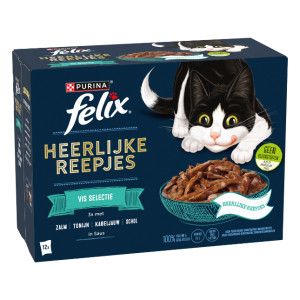 Felix D&eacute;licieuses Lamelles Fish Selection au saumon, thon, cabillaud, &agrave; la plie p&acirc;t&eacute;e en sauce pour chat 8 x (12 x 80 g)