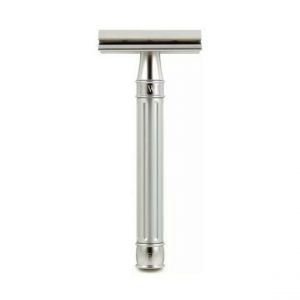 Rasoir De Sûreté En Acier Inoxydable A Double Tranchant Rainuré Argent Anodisé + Paquet De Lames De Rasoir Feather