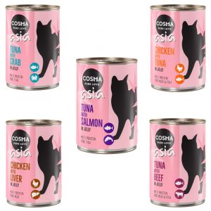 12x400g Cosma Thai/Asia en gel&eacute;e lot 5 saveurs - P&acirc;t&eacute;e pour chat