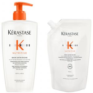K&eacute;rastase Nutritive Bain Satin Riche Refillable Shampoo and Refill Pouch Duo for Fine to Medium Dry Hair with Niacinamide 500ml