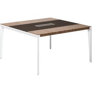 Table De R&Atilde;&copy;union X9 Noyer Am&Atilde;&copy;ricain L140 X 140 Pied Metal Blanc Insert En Cuir Marron