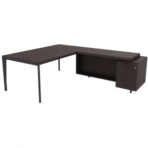 Bureau d'angle direction Arold 192 x 234 avec retour caisson porteur à droite Placage bois ébène - Piètement métal gris