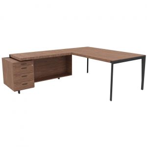 Bureau d'angle direction Arold 192 x 234 avec retour caisson porteur à gauche Placage bois noyer - Piètement métal gris