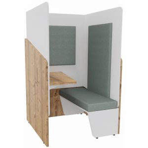 Alc&ocirc;ve cabine de confidentialit&eacute; acoustique assise banquette CALME Bas Timber - Haut Blanc - Habillage Vert - Tablette gauche