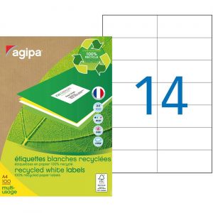 AGIPA 101191 Etiquettes blanches recycl&eacute;es multi-usage 105 x 42,2 mm - Bo&icirc;te de 1400