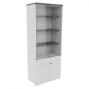 Bibliothèque haute NF Environnement portes basses et vitrine H.203 cm x L.80 cm blanche - Top Cèdre