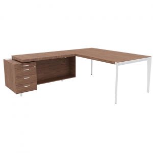 Bureau d'angle direction Arold 172 x 234 avec retour caisson porteur à gauche Placage bois noyer - Piètement métal blanc
