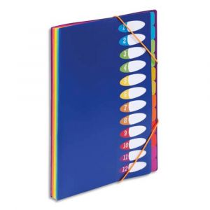 VIQUEL Trieur HAPPY FLUO PP 5/10e 12 touches, dos soufflets, fermeture &eacute;lastique. Format A4. Coloris Bleu