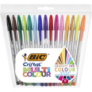 BIC Cristal Multicolour Stylo bille &agrave; capuchon pointe large 1,6 mm - Pochette de 15 coloris assortis