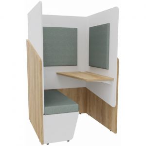 Alc&ocirc;ve cabine de confidentialit&eacute; acoustique  assise banquette CALME Bas Ch&ecirc;ne Nebraska - Haut Blanc - Habillage Vert - Tablette droite